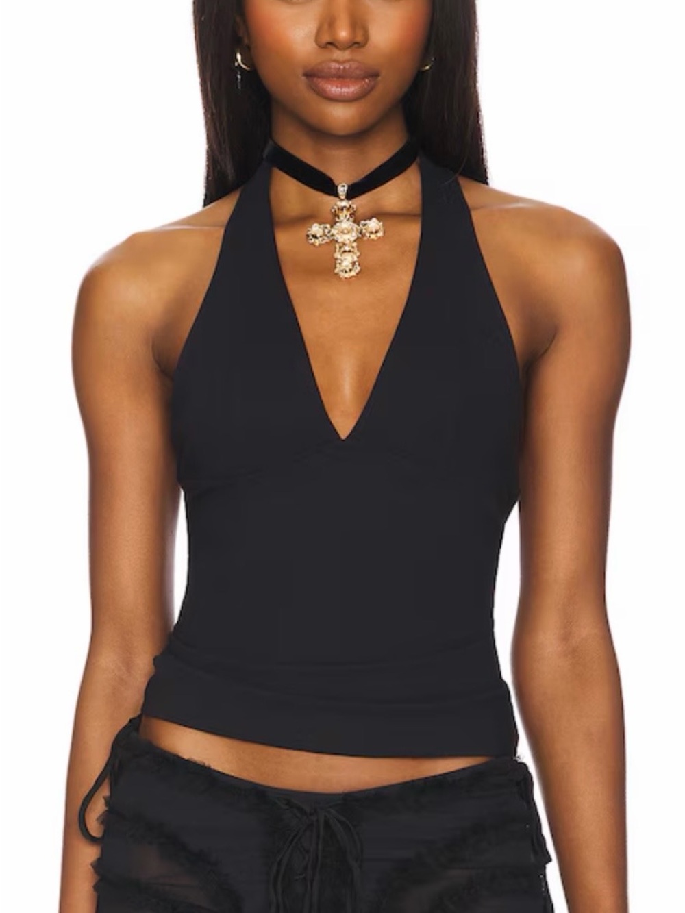 Free People Still There Halter V-Neck Tank Top in Black